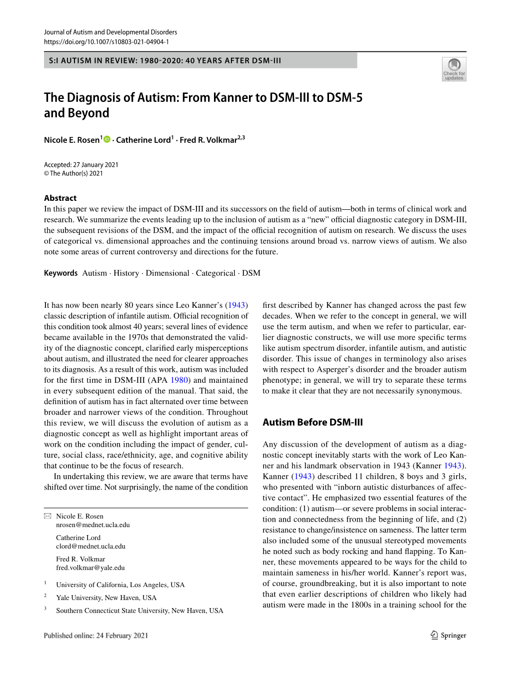 The Diagnosis of Autism: from Kanner to DSM‑III to DSM‑5 and Beyond