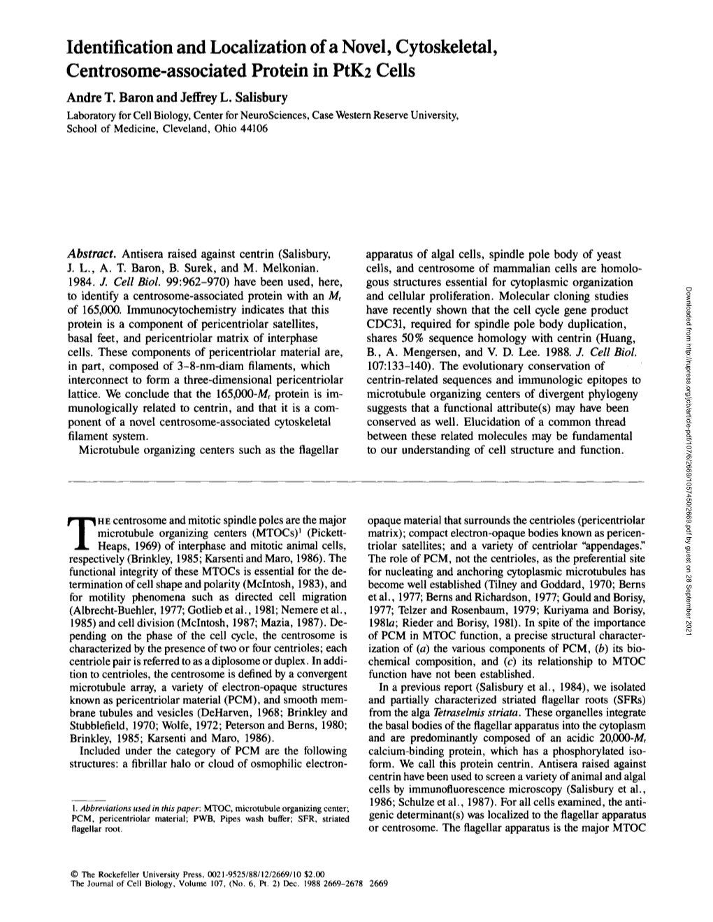 Identification and Localization of a Novel, Cytoskeletal, Centrosome-Associated Protein in Ptk2 Cells