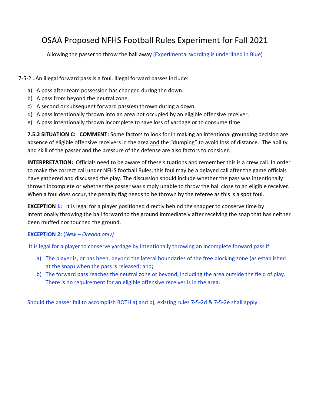 OSAA Proposed NFHS Football Rules Experiment for Fall 2021 Allowing the Passer to Throw the Ball Away (Experimental Wording Is Underlined in Blue)