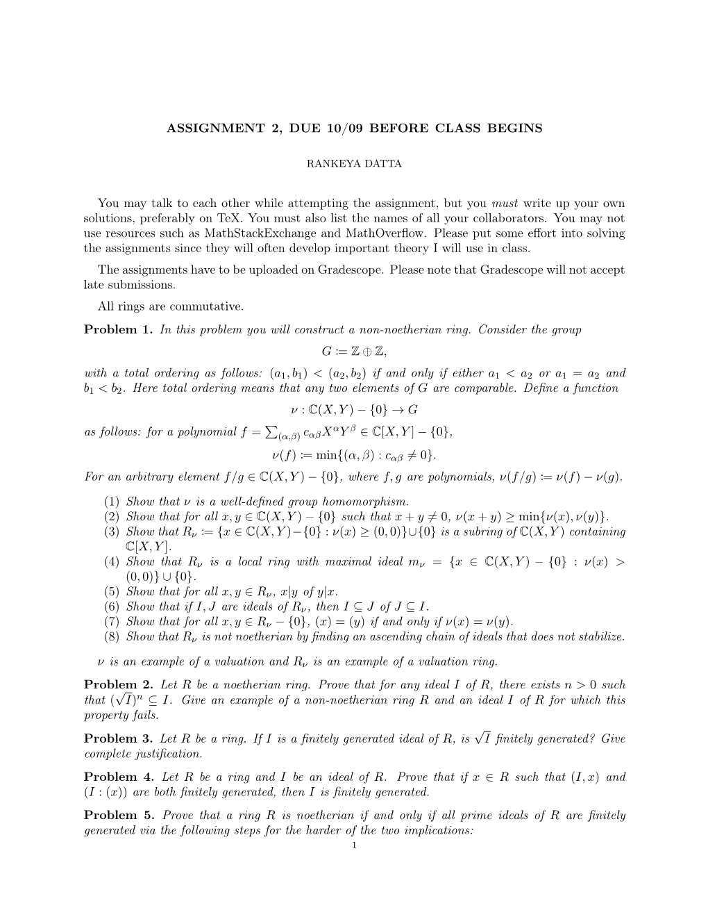 Assignment 2, Due 10/09 Before Class Begins