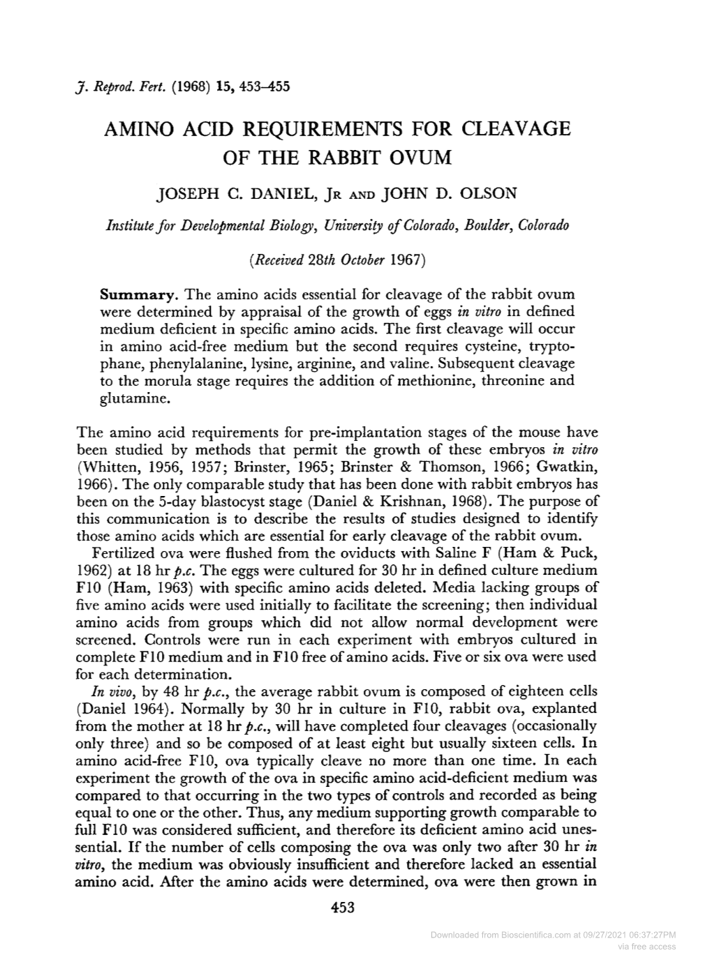 Amino Acid Requirements for Cleavage of the Rabbit Ovum