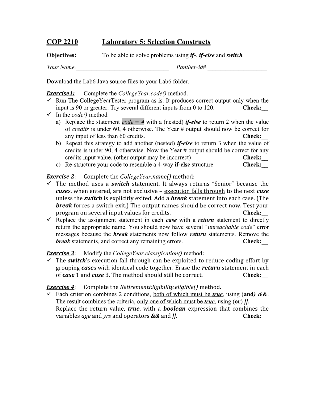 COP 2210 Laboratory 5: Selection Constructs