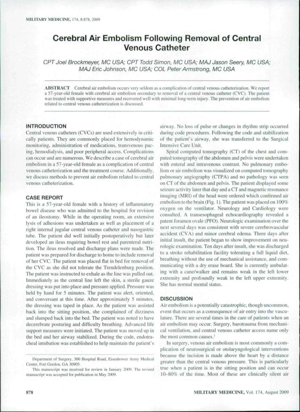 Cerebral Air Embolism Following Removal of Central Venous Catheter