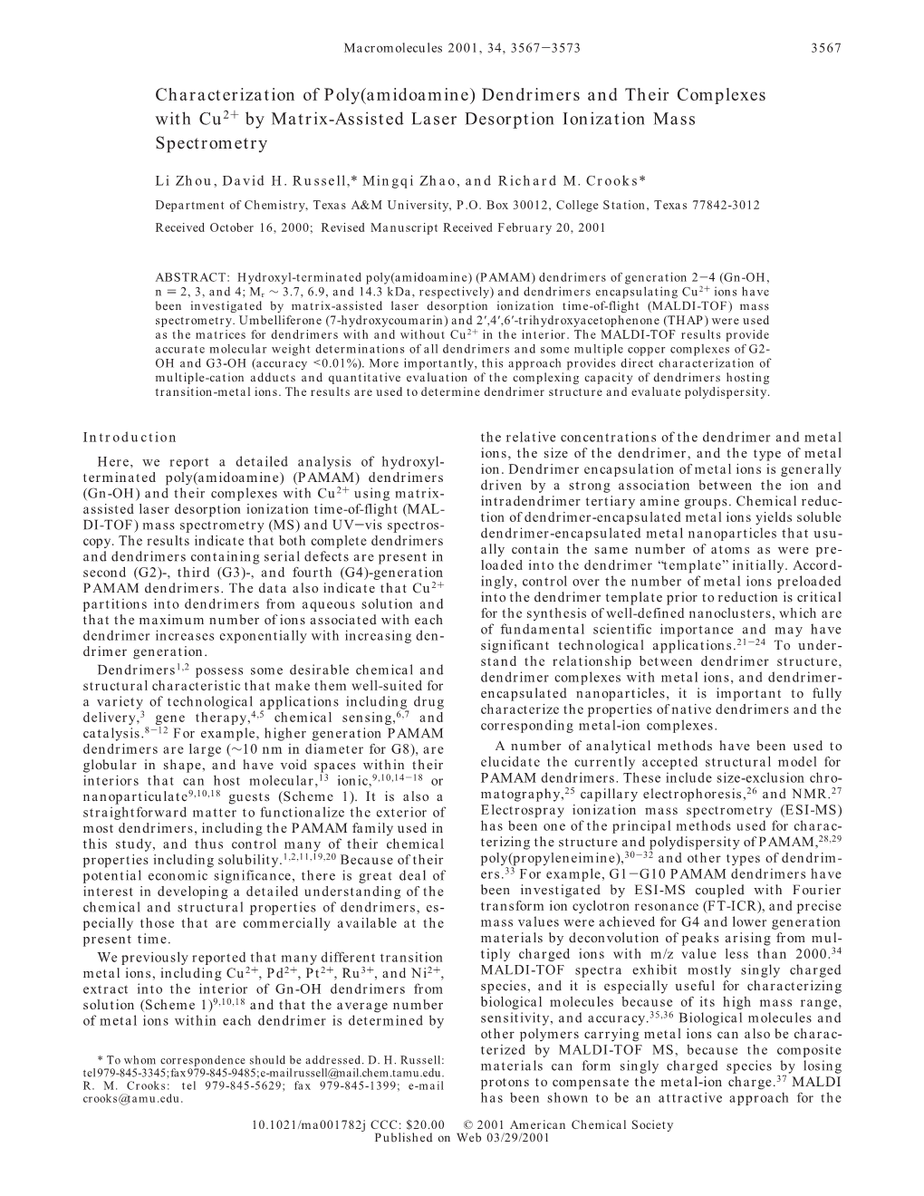 Characterization of Poly(Amidoamine) Dendrimers and Their Complexes with Cu2+ by Matrix-Assisted Laser Desorption Ionization Mass Spectrometry