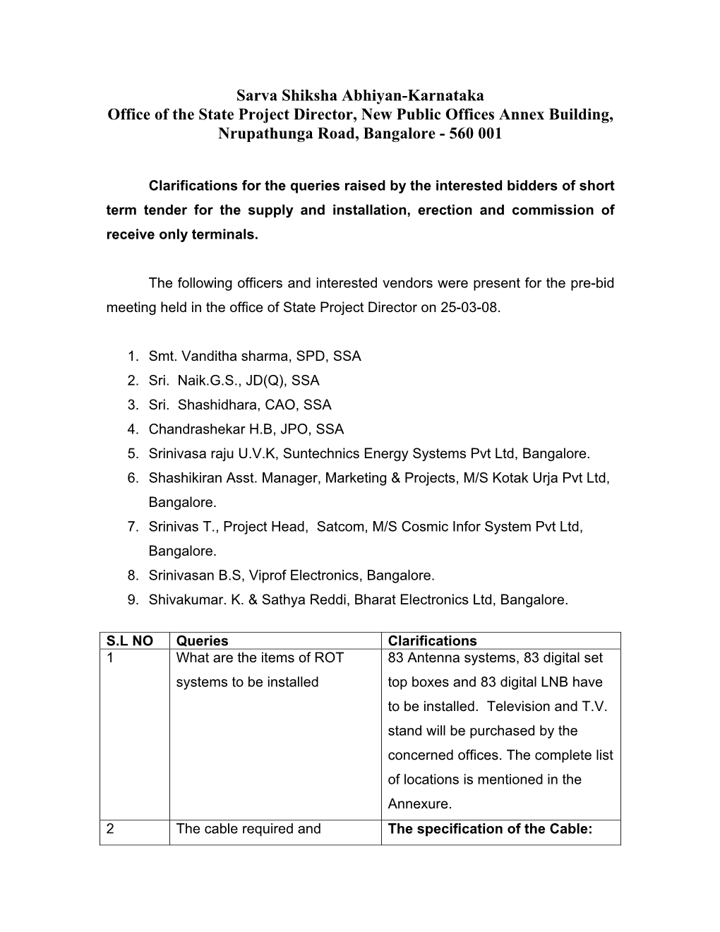 Sarva Shiksha Abhiyan-Karnataka Office of the State Project Director, New Public Offices Annex Building, Nrupathunga Road, Bangalore - 560 001