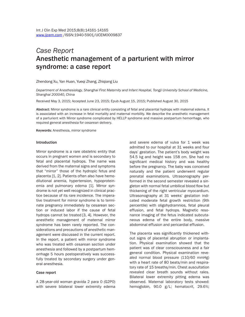 Case Report Anesthetic Management of a Parturient with Mirror Syndrome: a Case Report