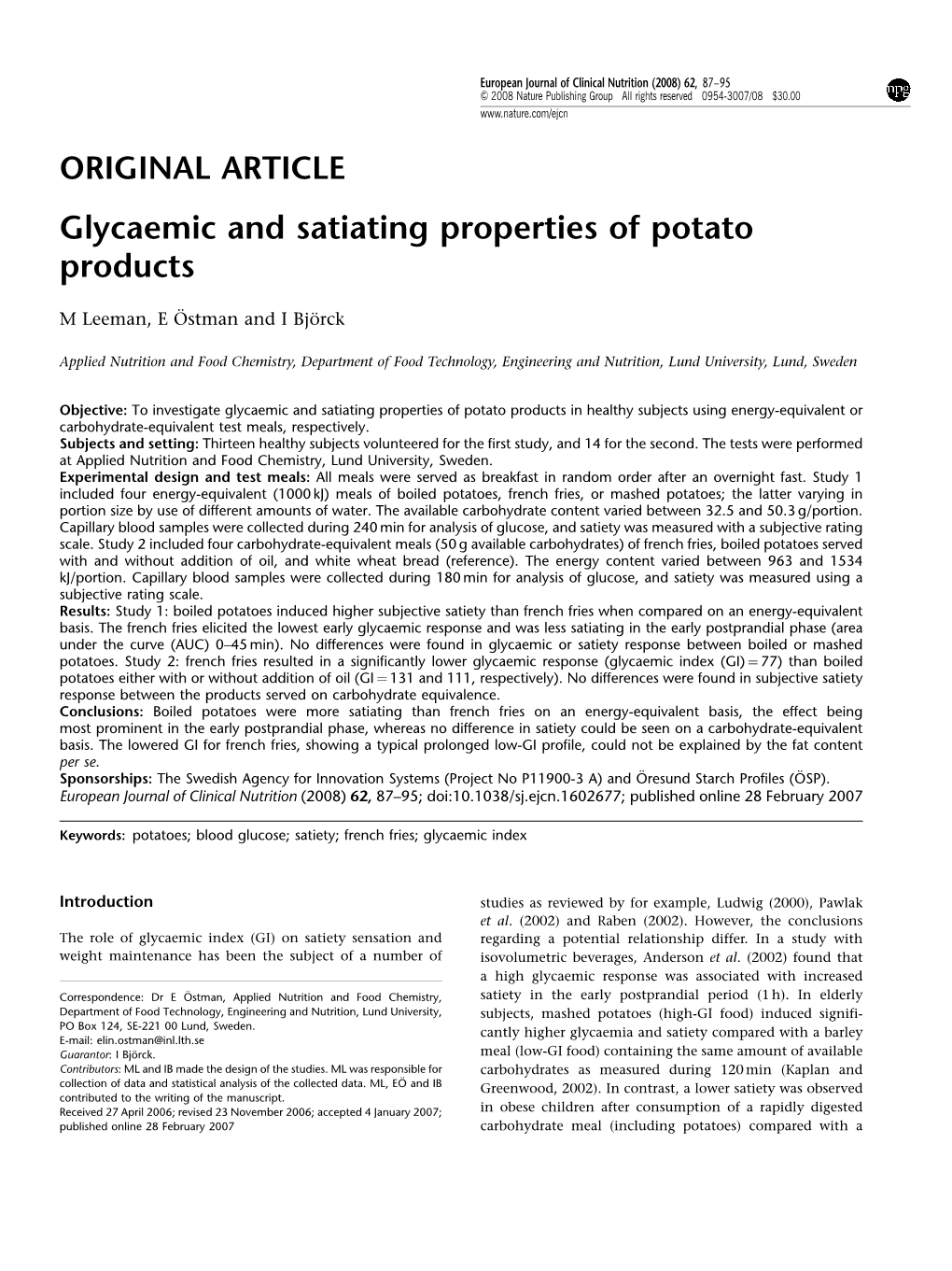 Glycaemic and Satiating Properties of Potato Products