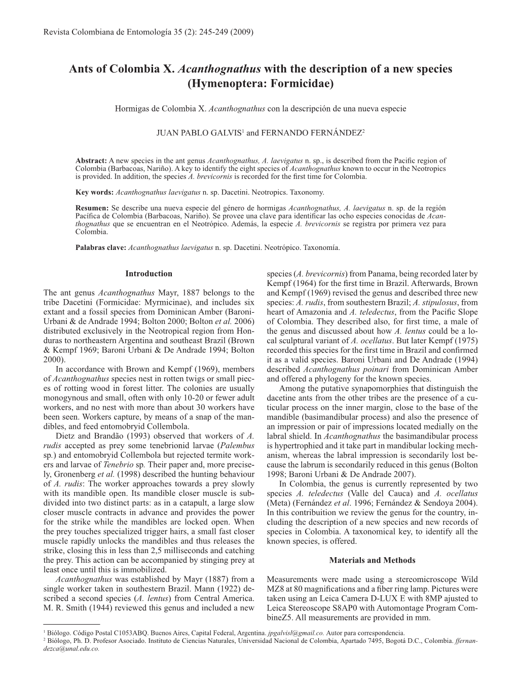 Ants of Colombia X. Acanthognathus with the Description of a New Species (Hymenoptera: Formicidae)