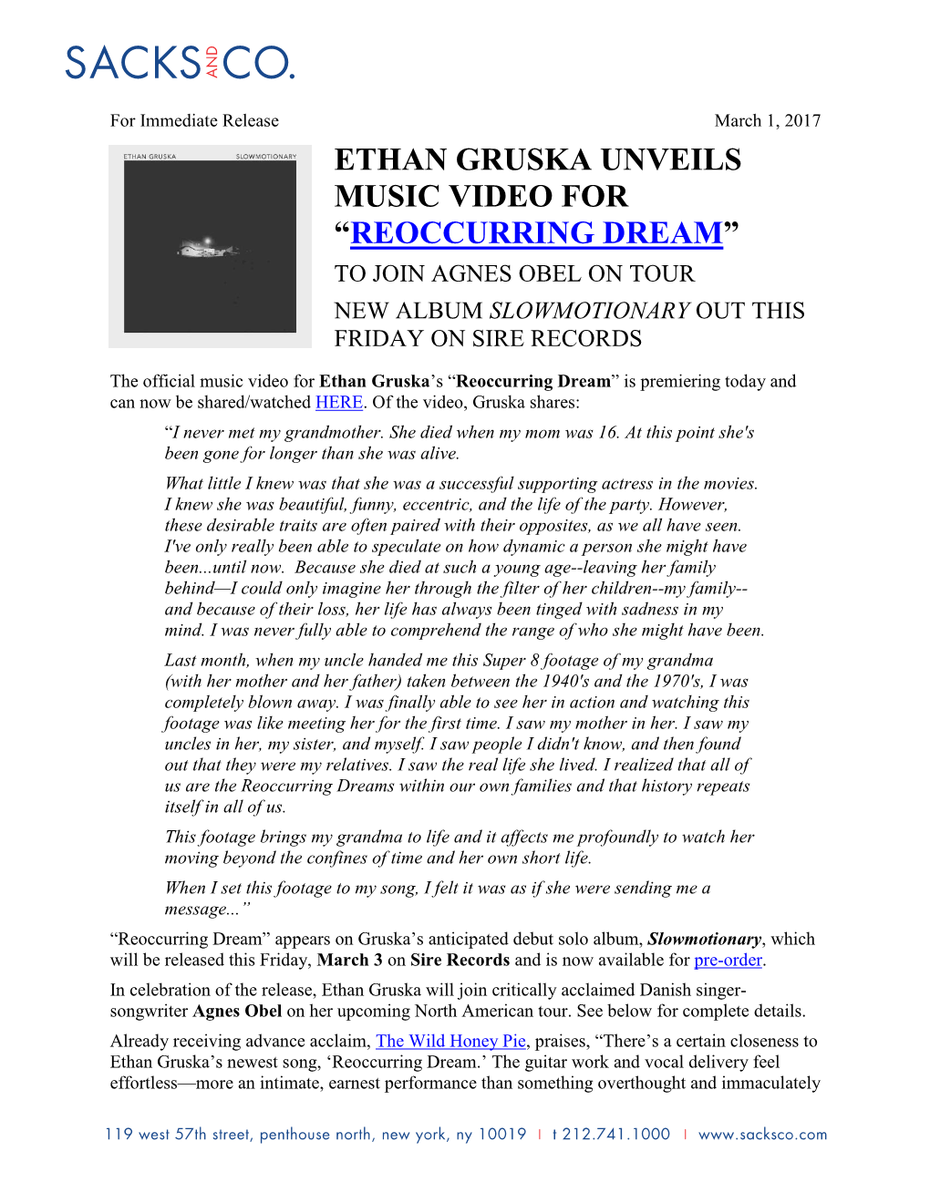 Ethan Gruska Unveils Music Video for “Reoccurring Dream” to Join Agnes Obel on Tour New Album Slowmotionary out This Friday on Sire Records