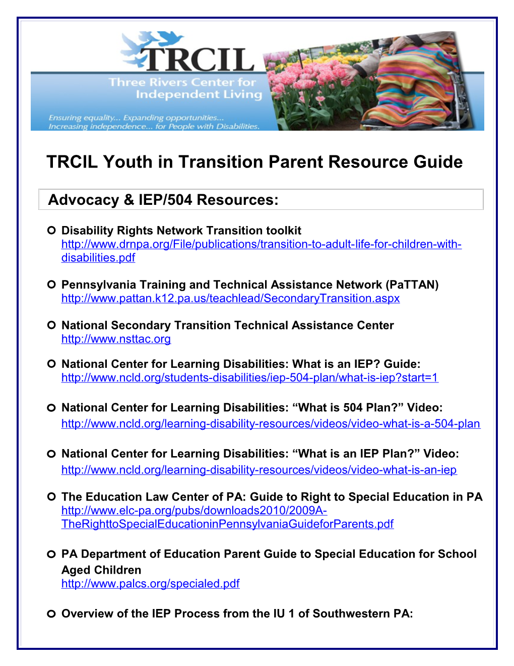 TRCIL Youth in Transition Parent Resource Guide