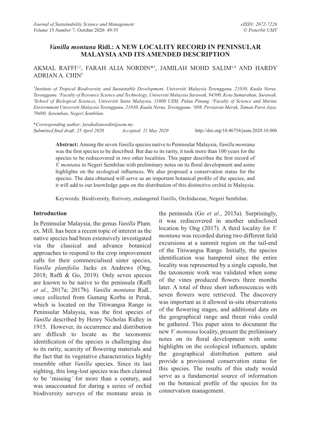 Vanilla Montana Ridl.: a NEW LOCALITY RECORD in PENINSULAR MALAYSIA and ITS AMENDED DESCRIPTION