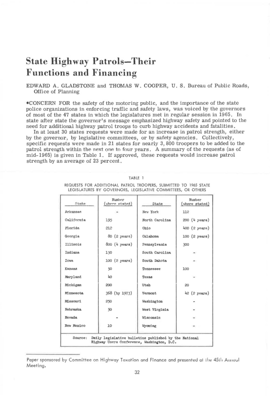 State Highway Patrols-Their Functions and Financing