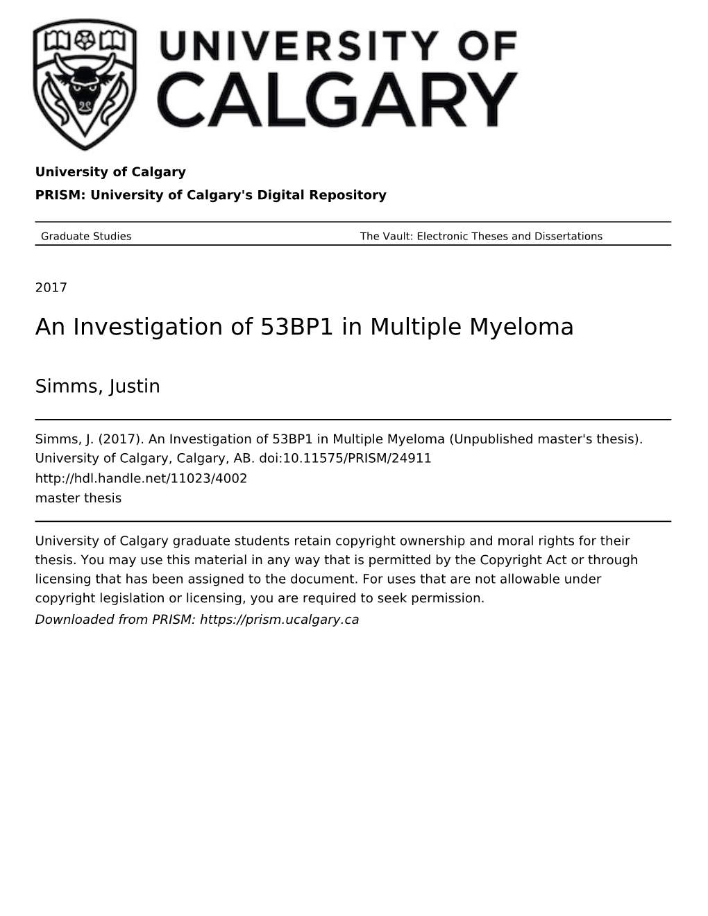 An Investigation of 53BP1 in Multiple Myeloma