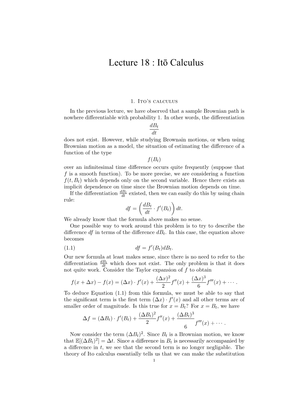 Lecture 18 : Itō Calculus