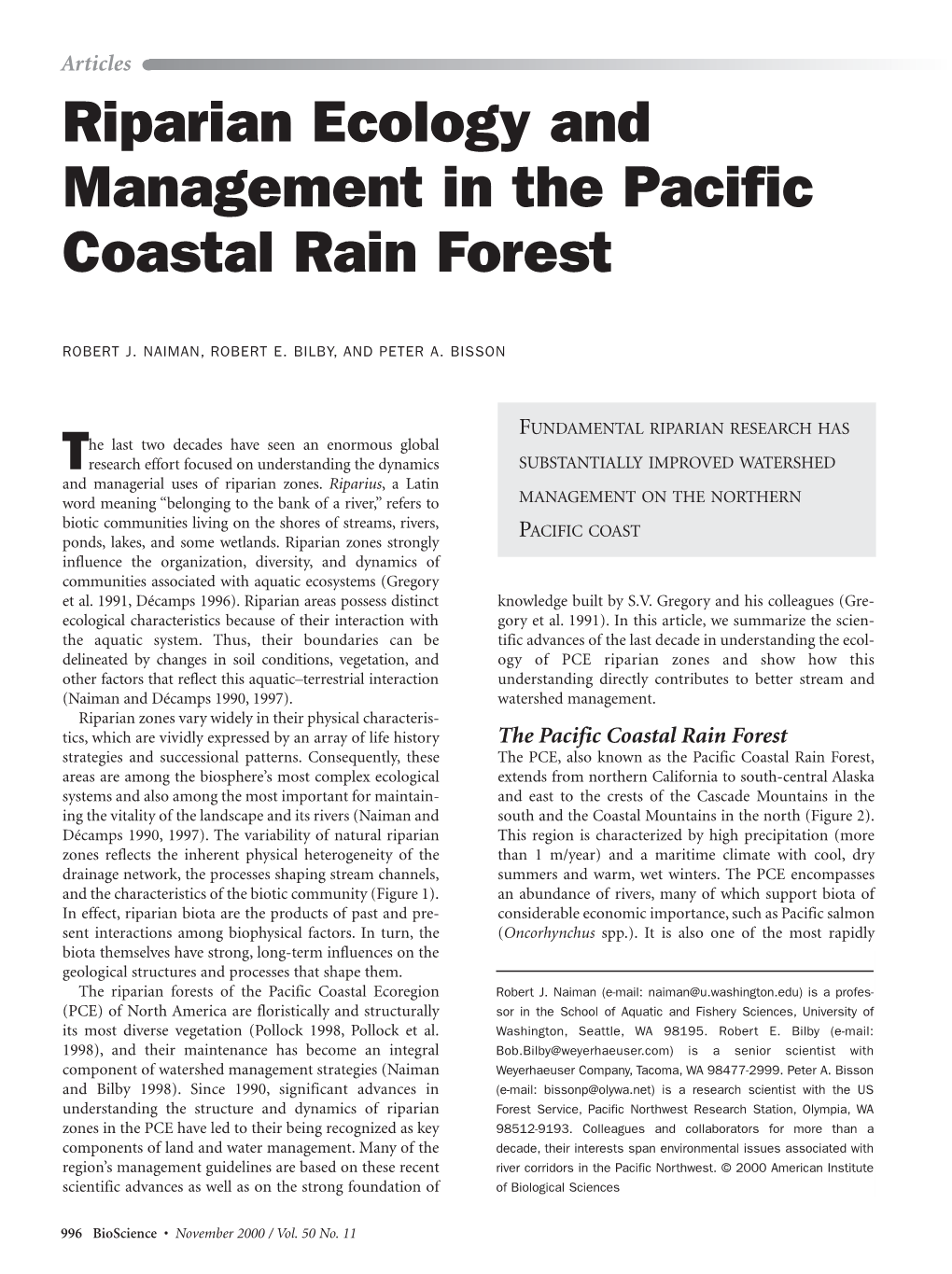 Riparian Ecology and Management in the Pacific Coastal Rainforest