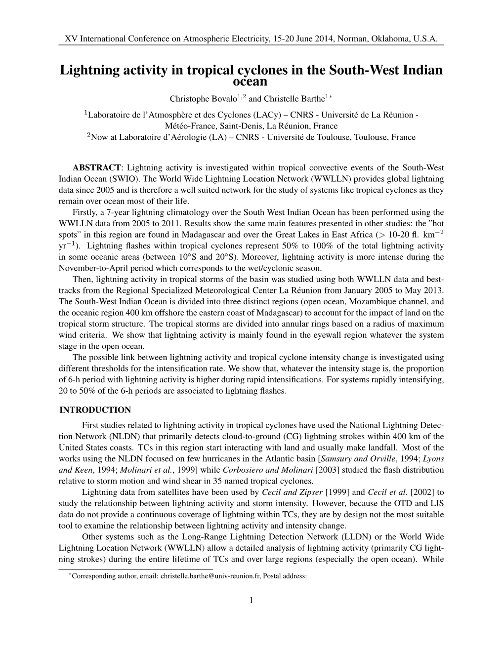 Lightning Activity in Tropical Cyclones in the South-West Indian Ocean