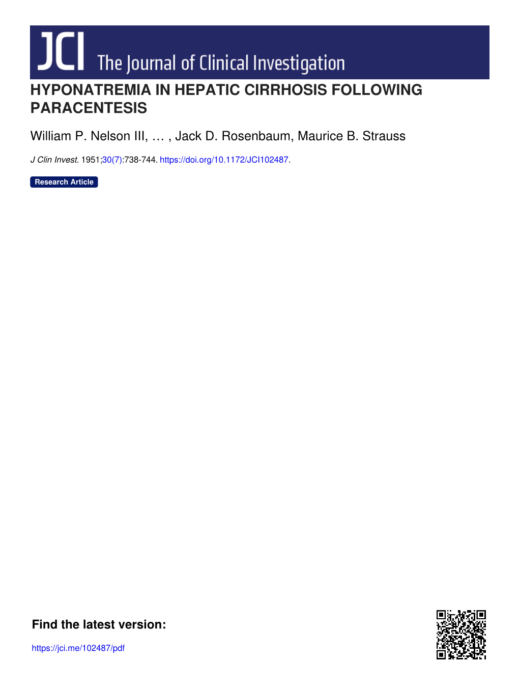 Hyponatremia in Hepatic Cirrhosis Following Paracentesis