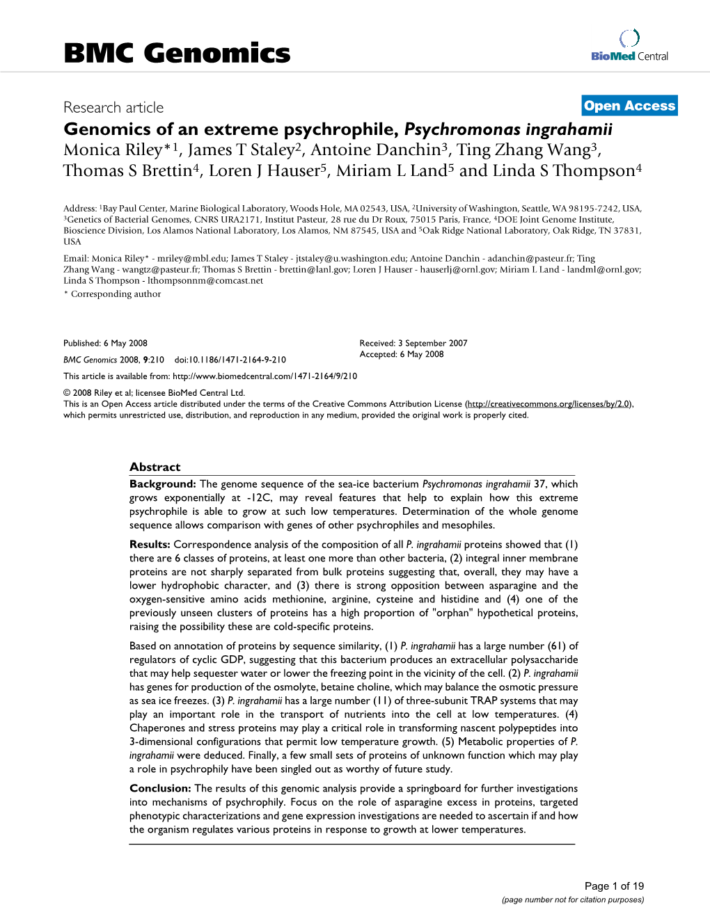 Genomics of an Extreme Psychrophile, Psychromonas