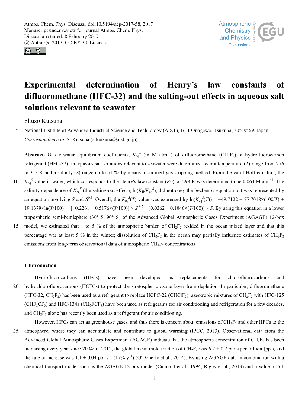 Experimental Determination of Henry's Law Constants of Difluoromethane