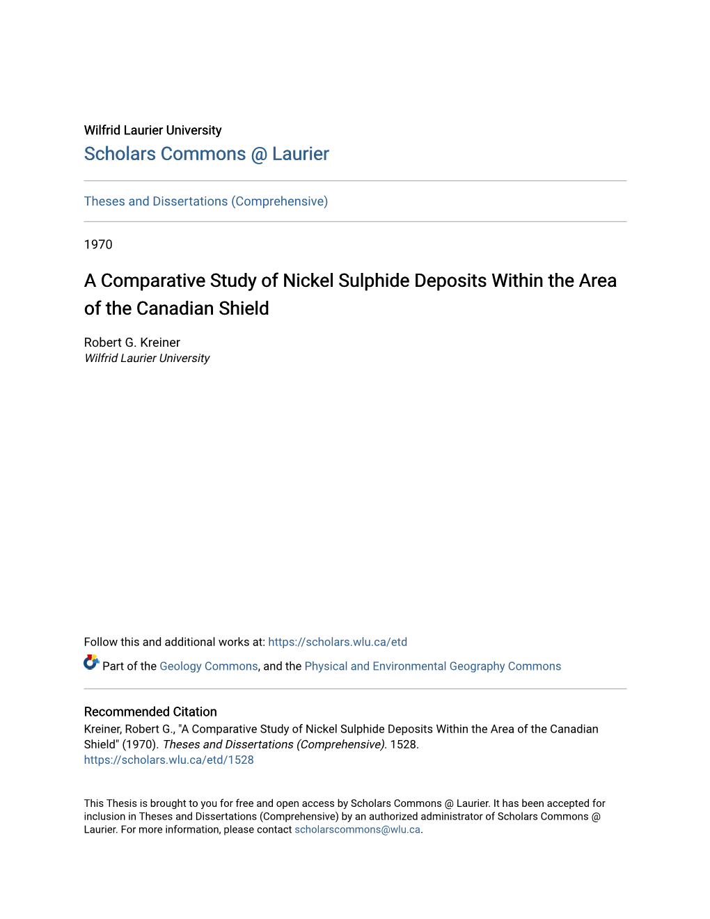 A Comparative Study of Nickel Sulphide Deposits Within the Area of the Canadian Shield