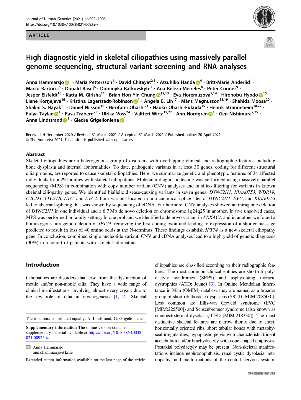 High Diagnostic Yield in Skeletal Ciliopathies Using Massively Parallel Genome Sequencing, Structural Variant Screening and RNA Analyses