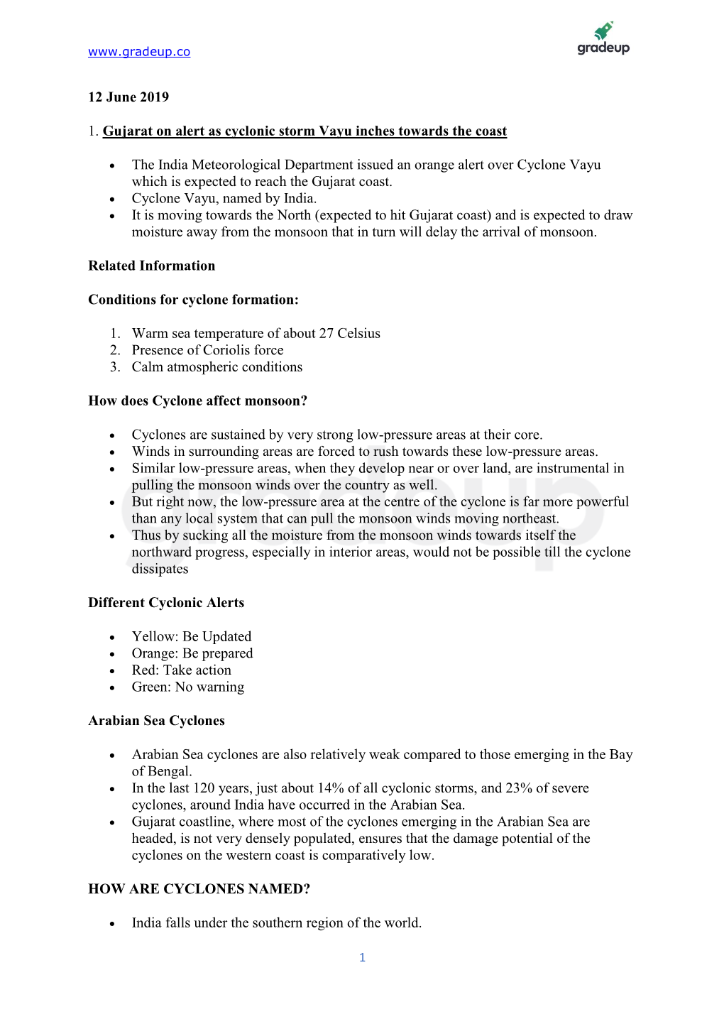 12 June 2019 1. Gujarat on Alert As Cyclonic Storm Vayu Inches Towards the Coast • the India Meteorological Department Issued