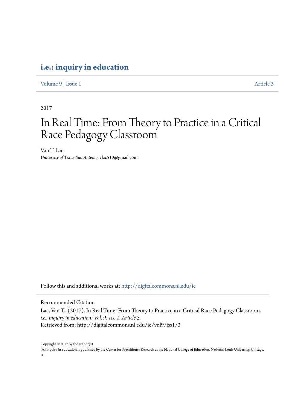 From Theory to Practice in a Critical Race Pedagogy Classroom Van T