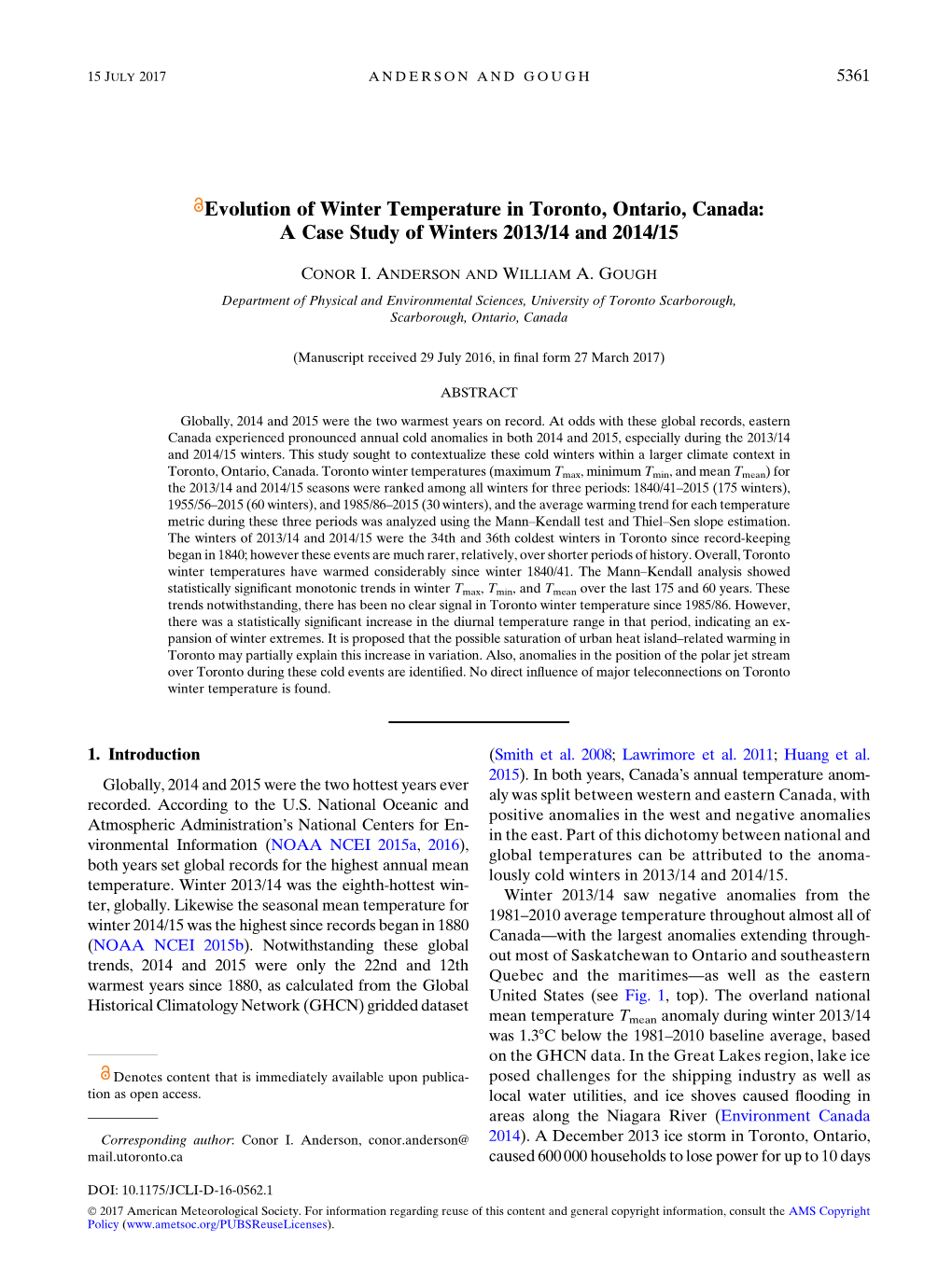 Evolution of Winter Temperature in Toronto, Ontario, Canada: a Case Study of Winters 2013/14 and 2014/15