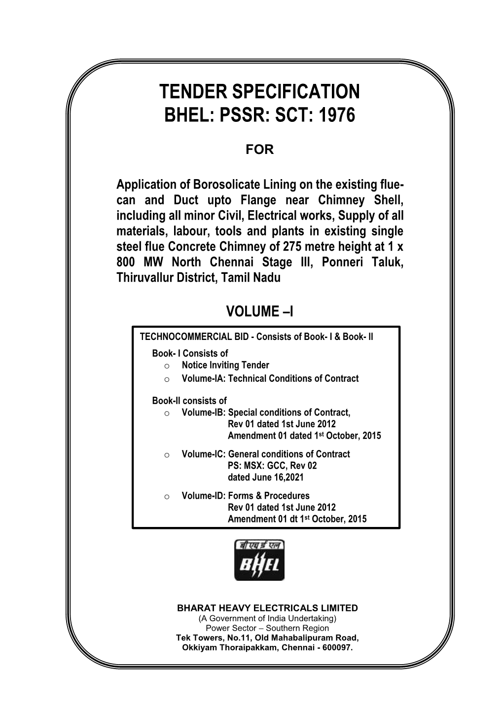 Tender Specification Bhel: Pssr: Sct: 1976