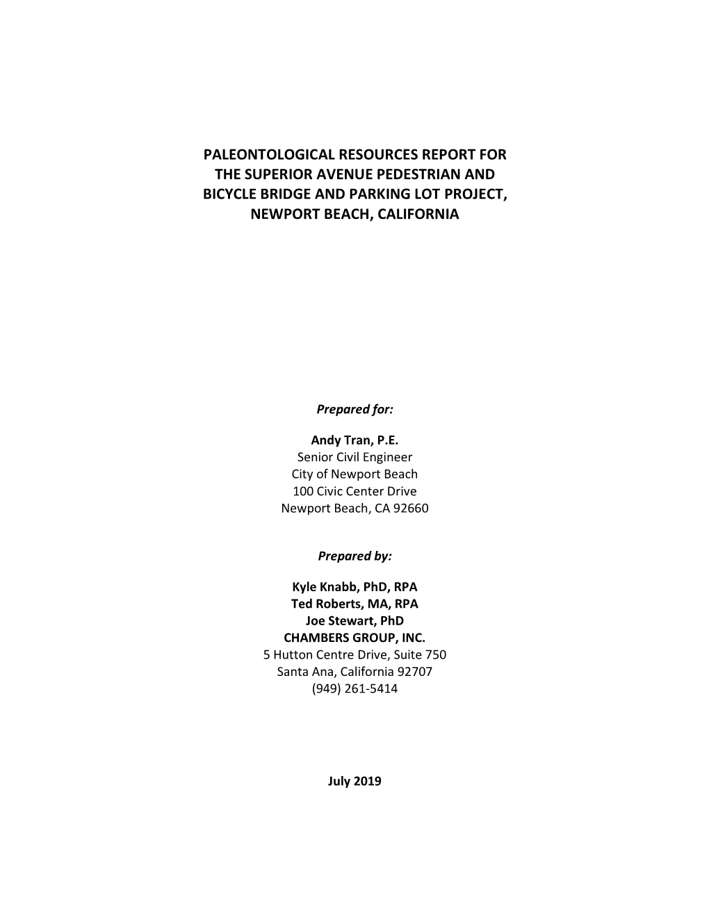 Paleontological Resources Report for the Superior Avenue Pedestrian and Bicycle Bridge and Parking Lot Project, Newport Beach, California