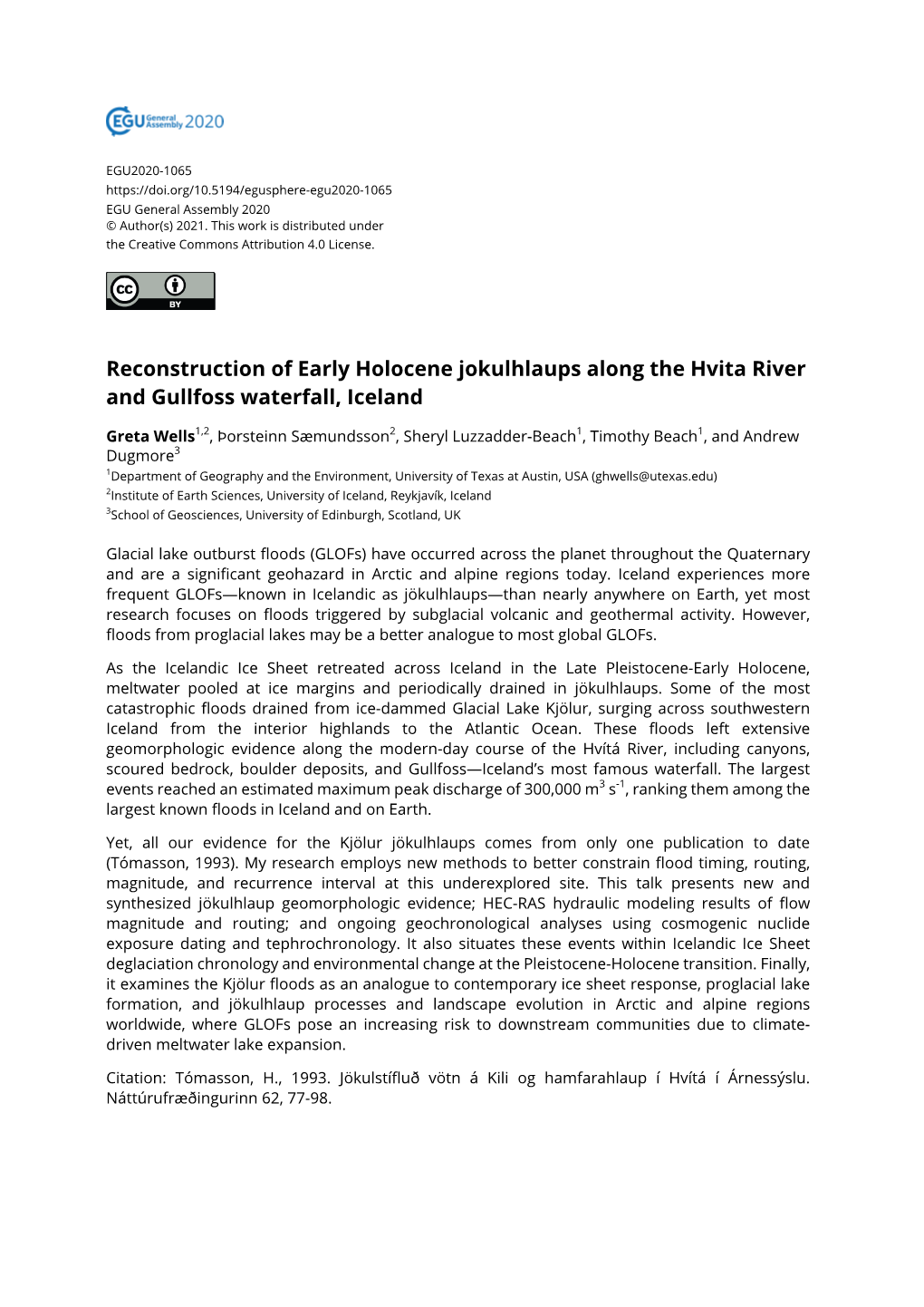 Reconstruction of Early Holocene Jokulhlaups Along the Hvita River and Gullfoss Waterfall, Iceland