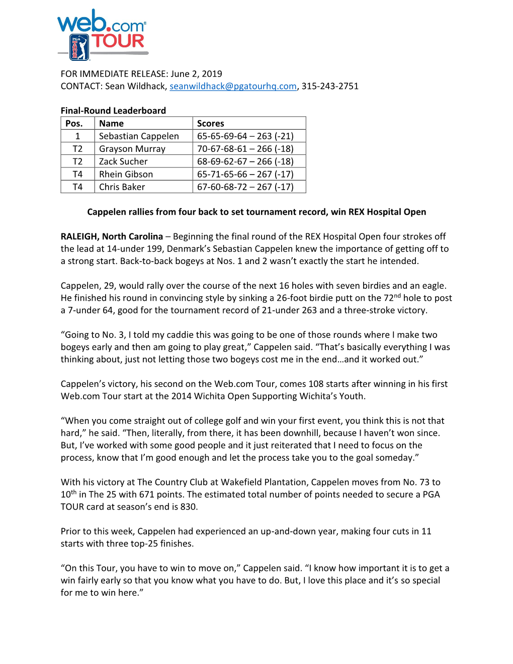 FOR IMMEDIATE RELEASE: June 2, 2019 CONTACT: Sean Wildhack, Seanwildhack@Pgatourhq.Com, 315-243-2751