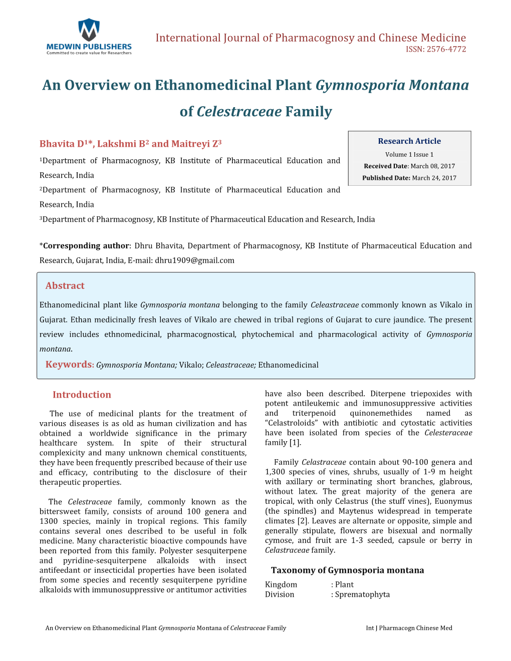 An Overview on Ethanomedicinal Plant Gymnosporia Montana of Celestraceae Family