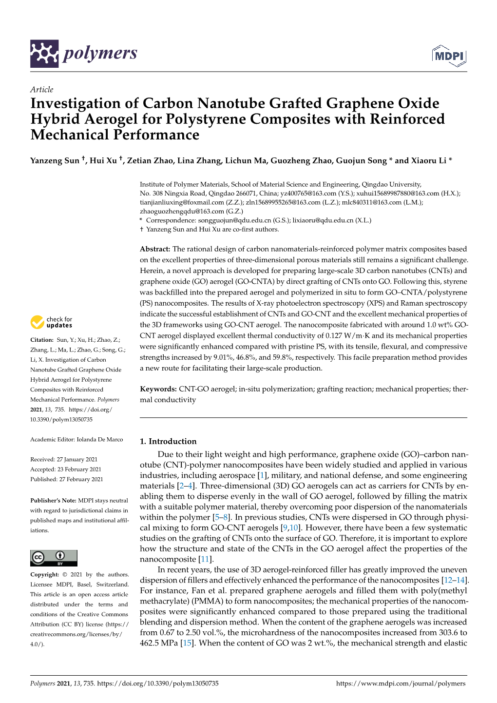 Investigation of Carbon Nanotube Grafted Graphene Oxide Hybrid Aerogel for Polystyrene Composites with Reinforced Mechanical Performance