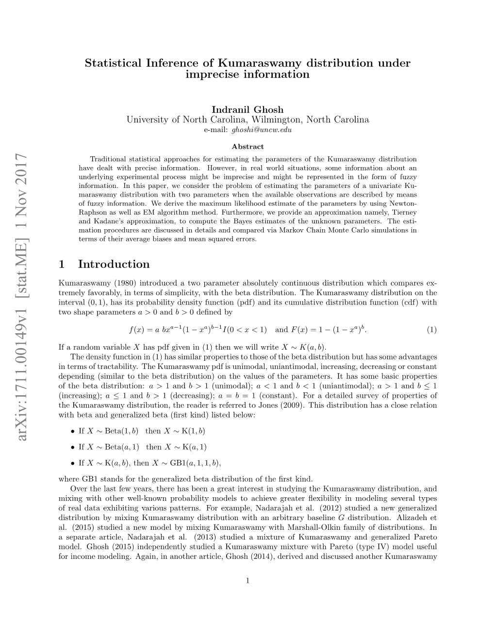 Arxiv:1711.00149V1 [Stat.ME] 1 Nov 2017 Rml Aoal,I Em Fsmlct,Wt H Eadsrbto.T Distribution