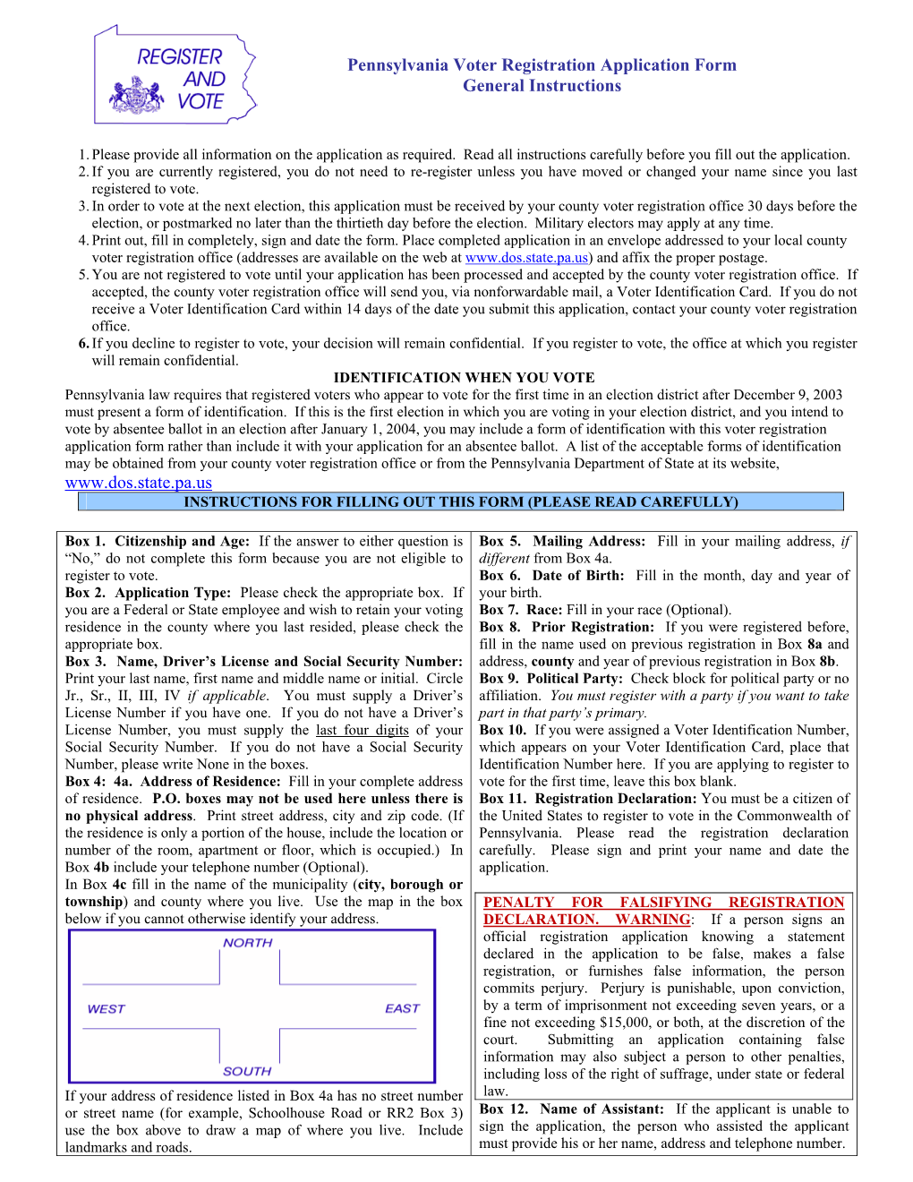 Voter Registration Application Form General Instructions