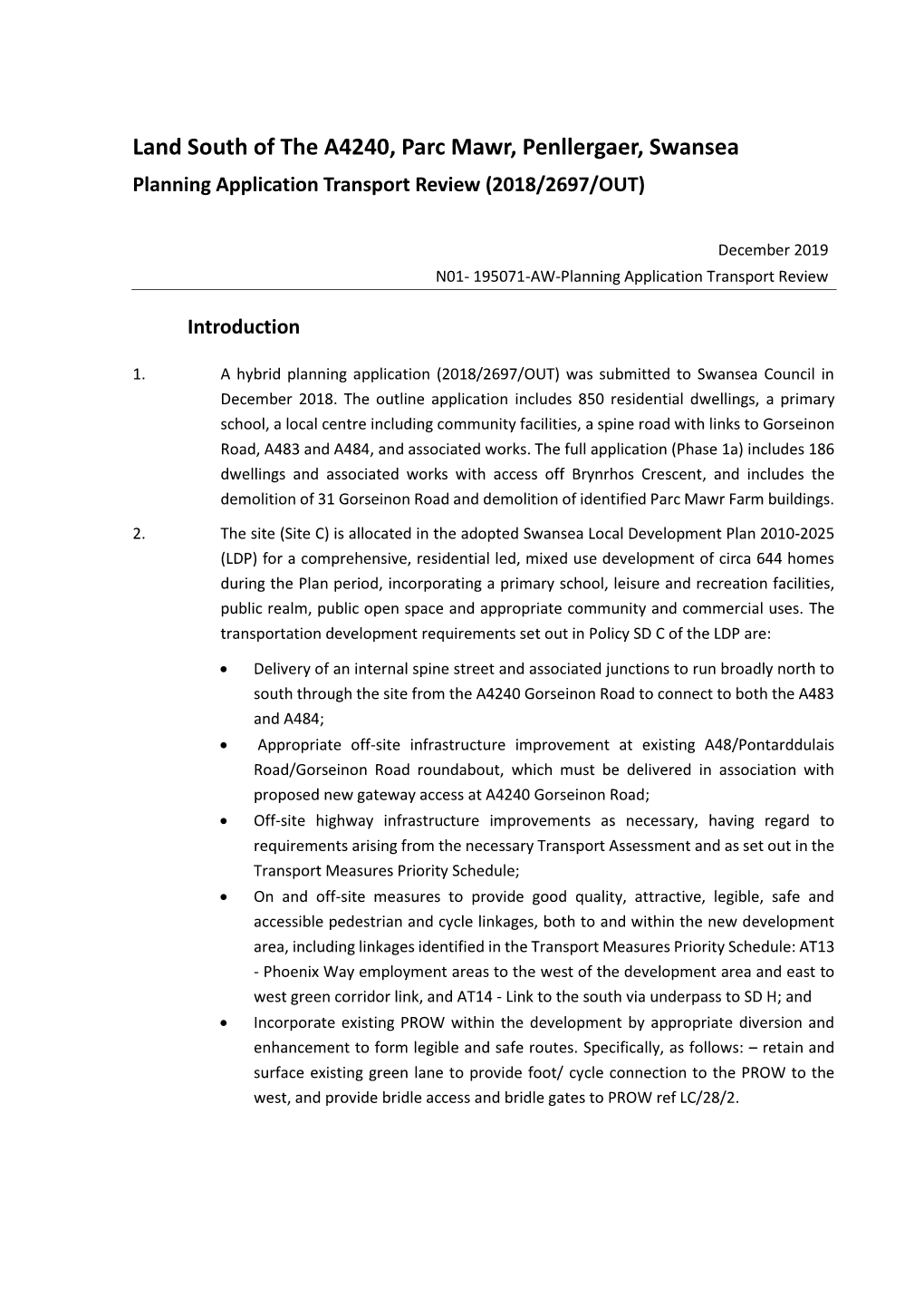 Land South of the A4240, Parc Mawr, Penllergaer, Swansea Planning Application Transport Review (2018/2697/OUT)