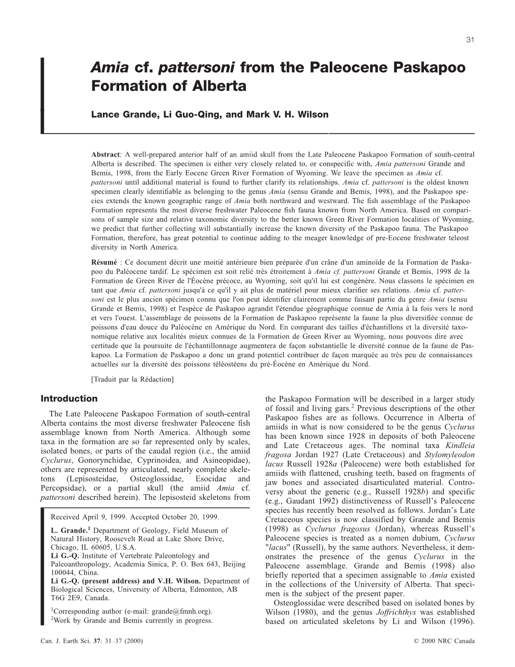 Amia Cf. Pattersoni from the Paleocene Paskapoo Formation of Alberta