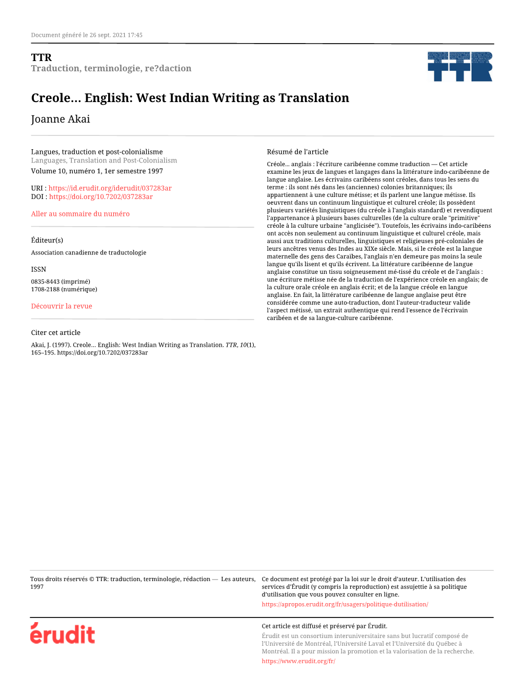 Creole… English: West Indian Writing As Translation Joanne Akai