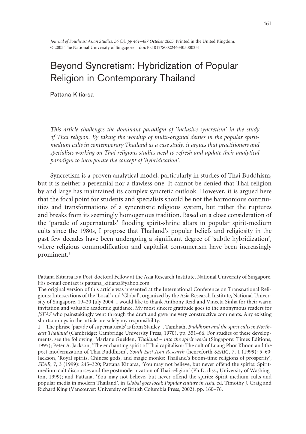 Beyond Syncretism: Hybridization of Popular Religion in Contemporary Thailand