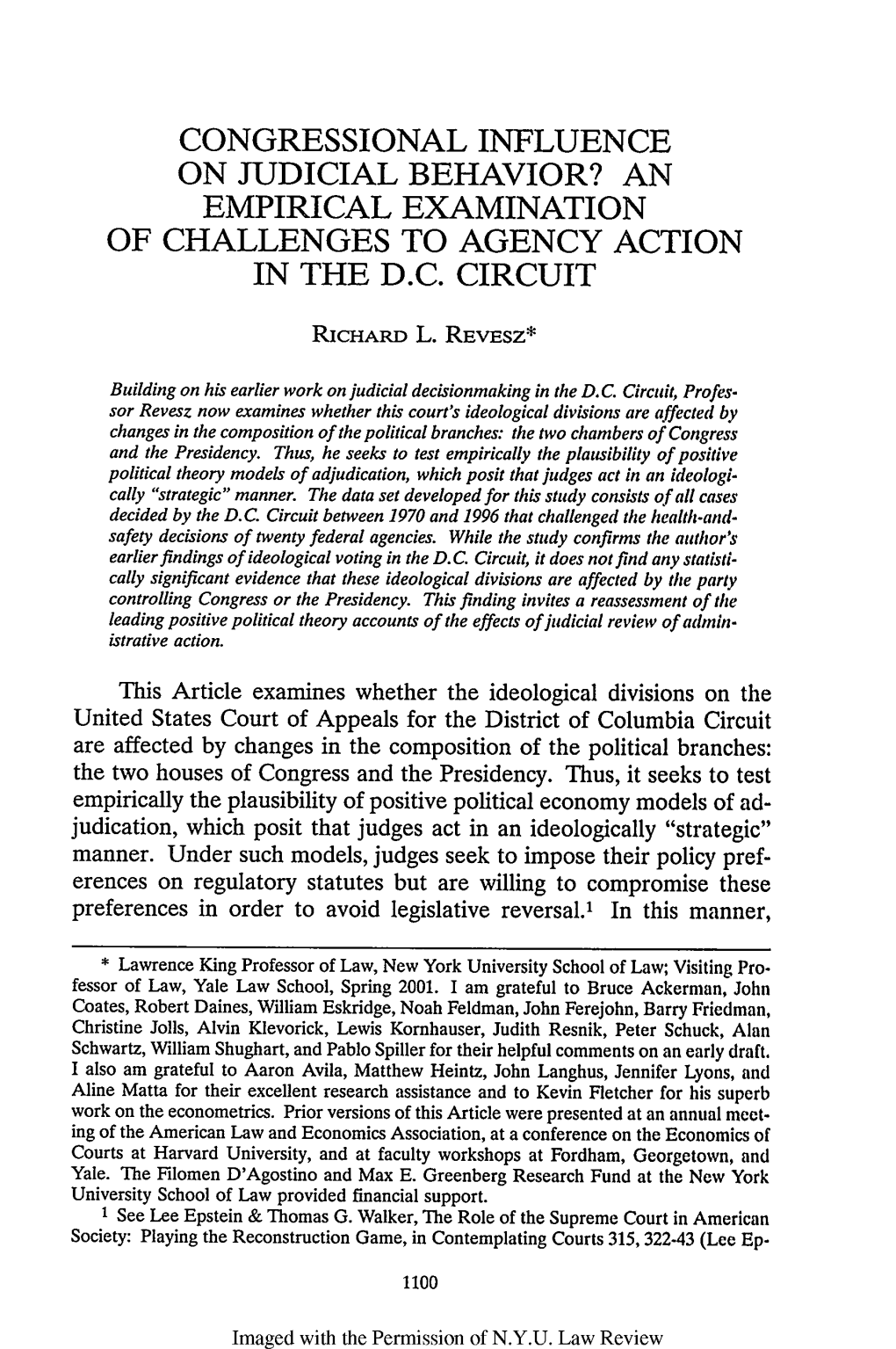 Congressional Influence on Judicial Behavior? an Empirical Examination of Challenges to Agency Action in the D.C