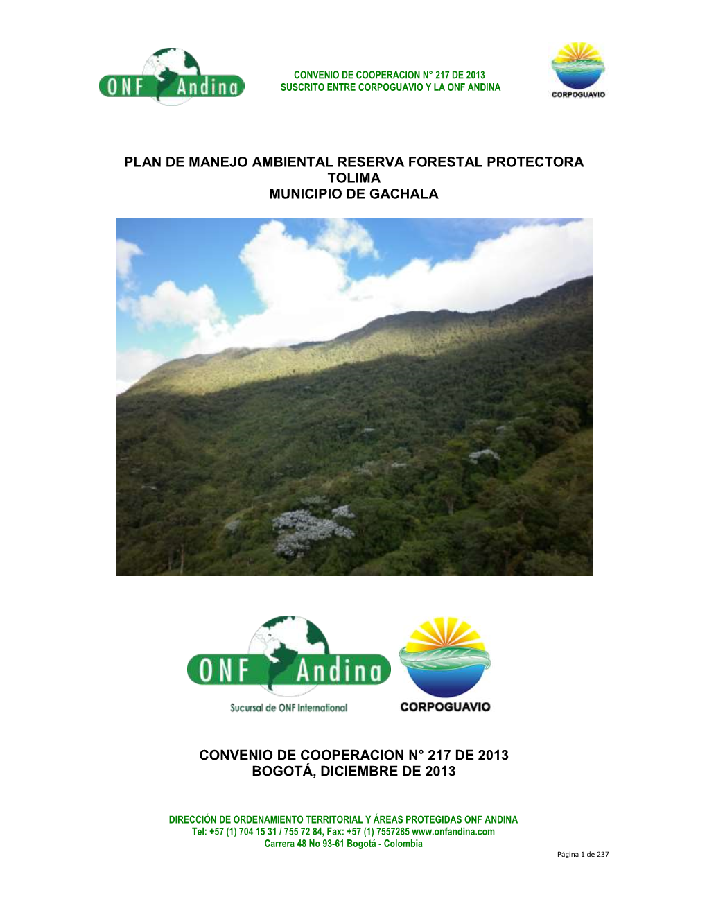 Plan De Manejo Ambiental Reserva Forestal Protectora Tolima Municipio De Gachala Convenio De Cooperacion N° 217 De 2013 Bogot