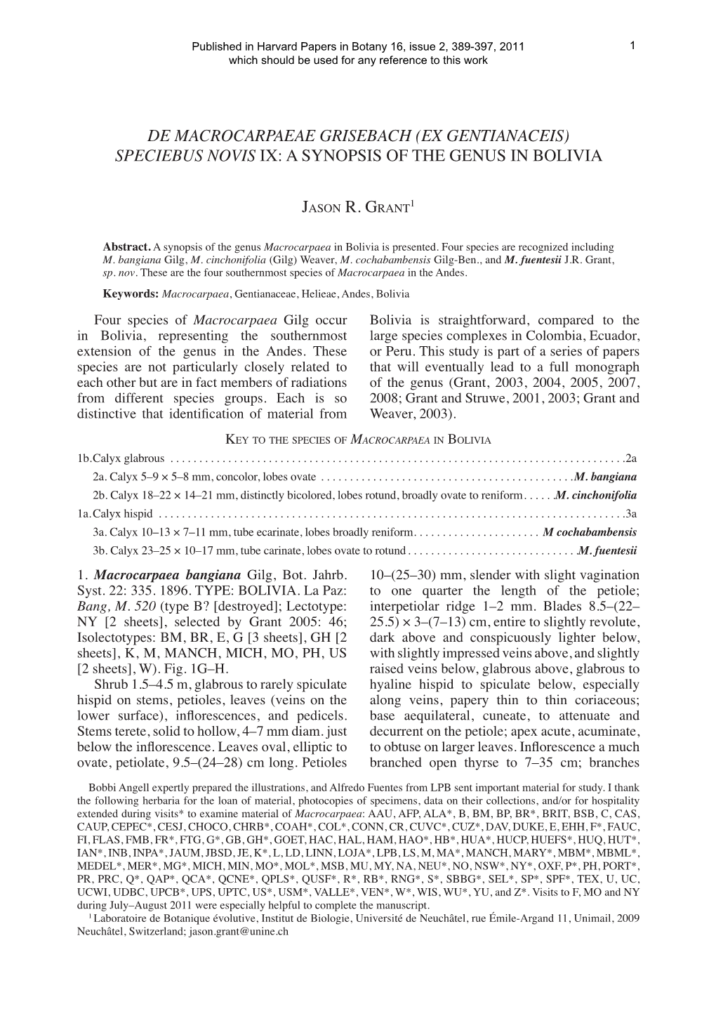 De Macrocarpaeae Grisebach (Ex Gentianaceis) Speciebus Novis Ix: a Synopsis of the Genus in Bolivia