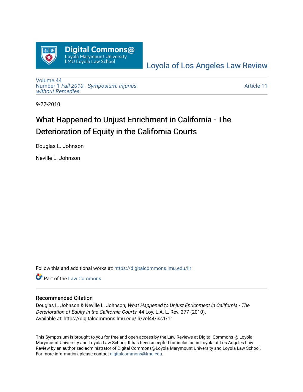 What Happened to Unjust Enrichment in California - the Deterioration of Equity in the California Courts