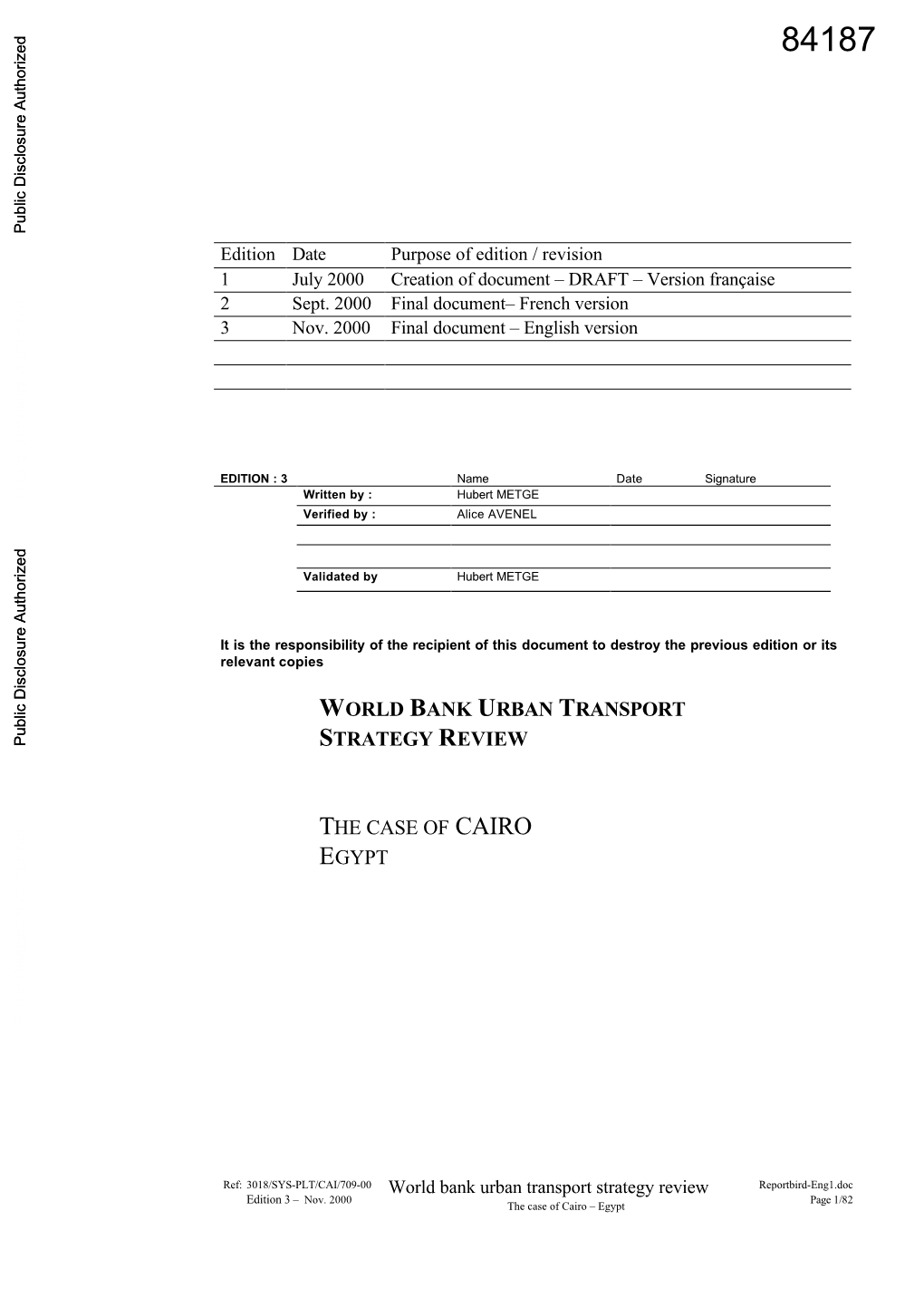 World Bank Urban Transport Strategy Review Reportbird-Eng1.Doc Edition 3 – Nov