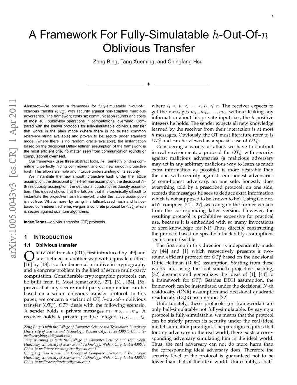 A Framework for Fully-Simulatable H-Out-Of-N Oblivious Transfer