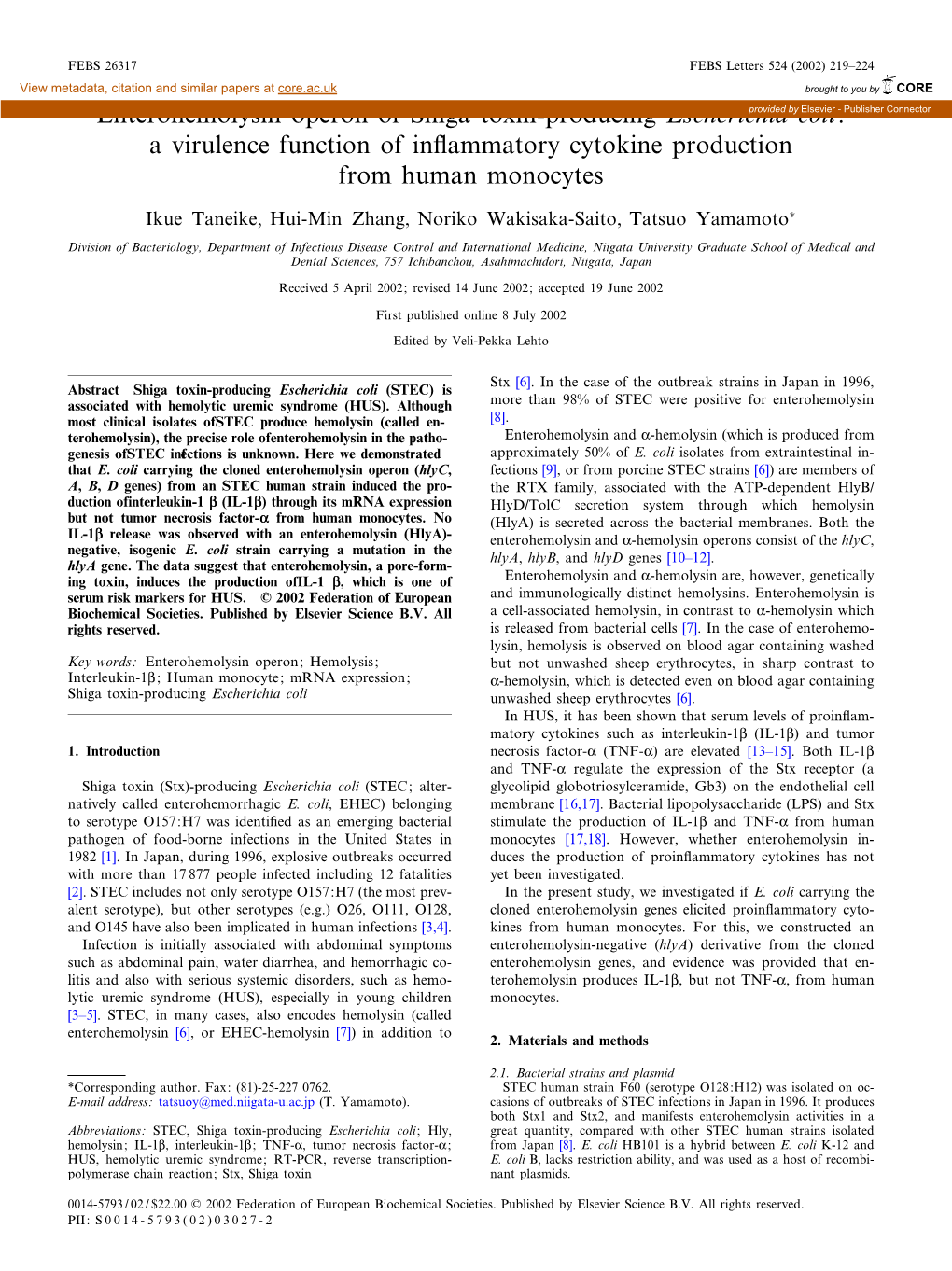 Enterohemolysin Operon of Shiga Toxin-Producing Escherichia Coli