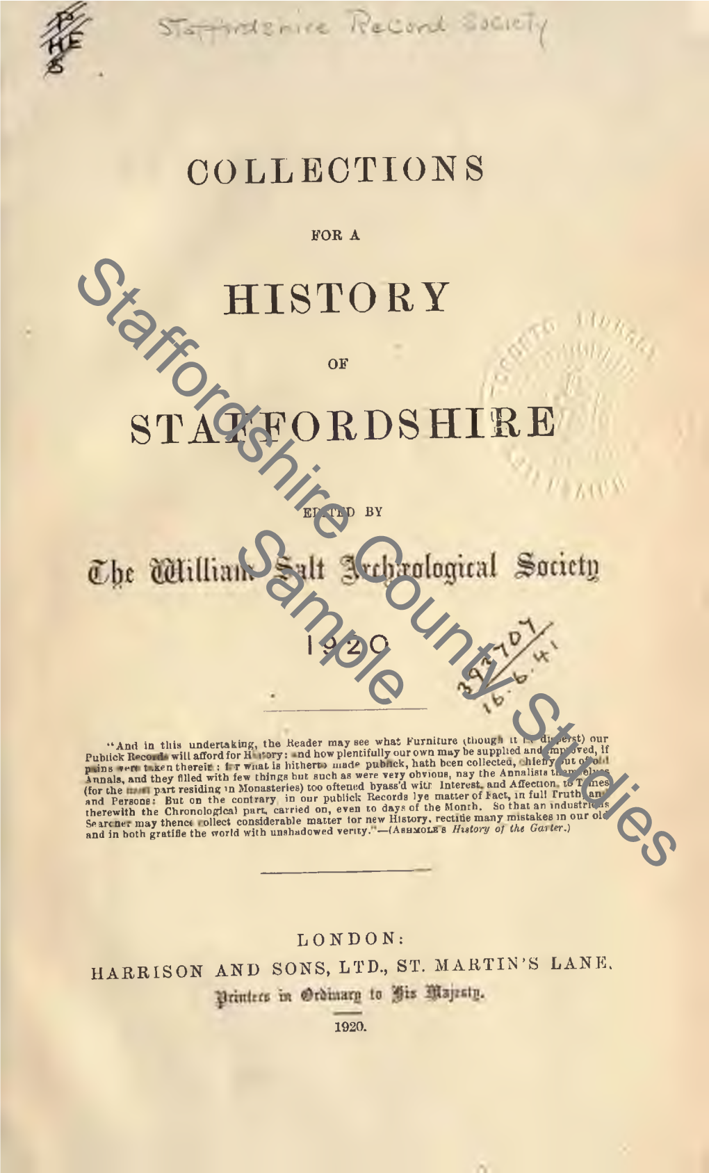 Collections for a History of Staffordshire, 1920-22