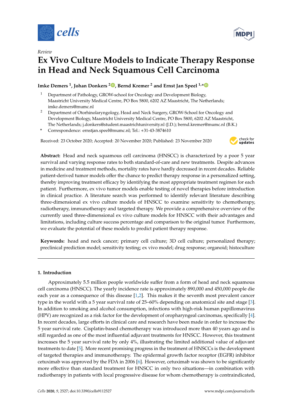 Ex Vivo Culture Models to Indicate Therapy Response in Head and Neck Squamous Cell Carcinoma