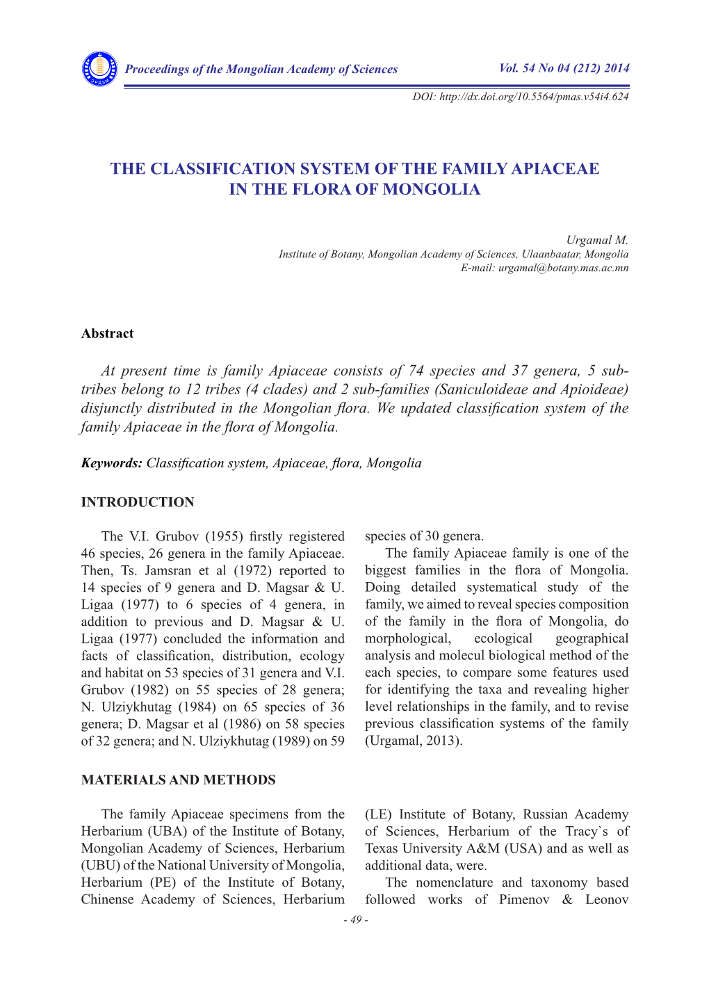 The Classification System of the Family Apiaceae in the Flora of Mongolia